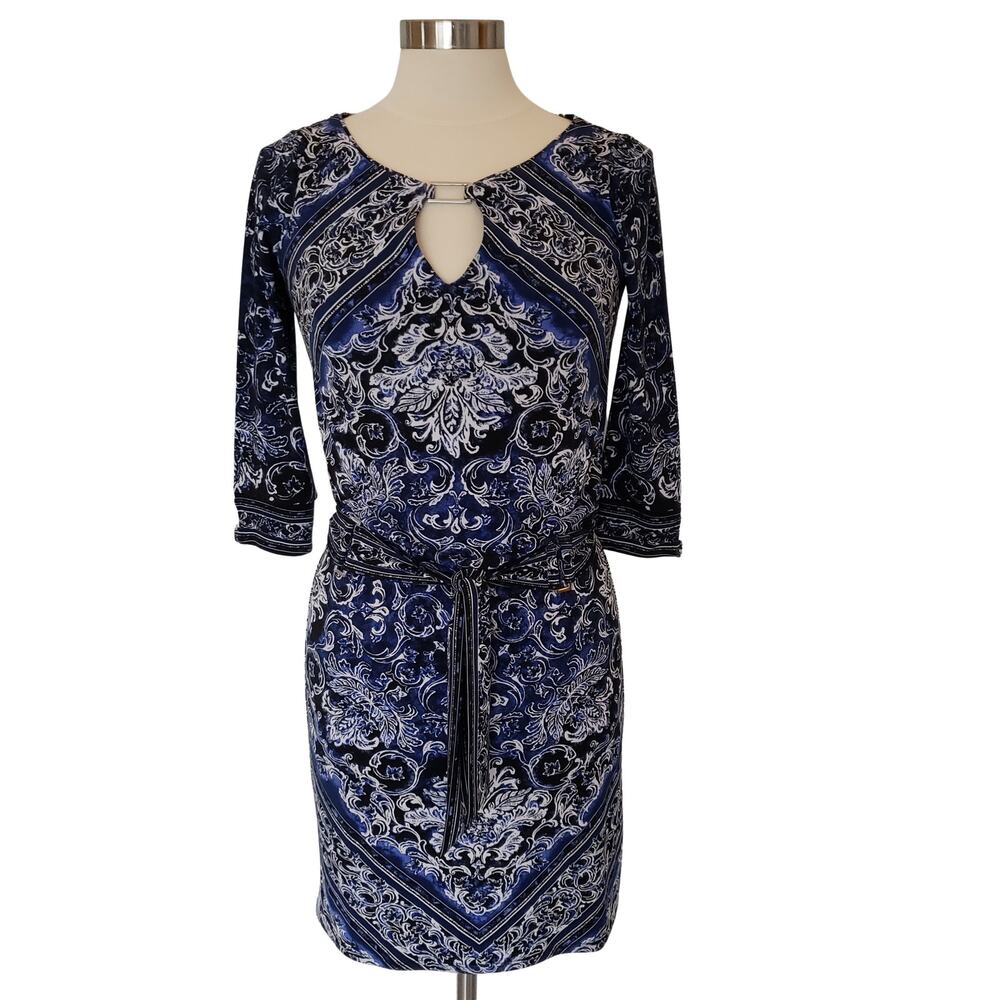 White House Black Market Damask Black Blue‎ Dress w Silver Accents Size XXS